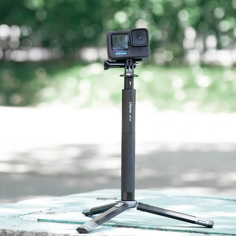Ulanzi MT-57 selfie stick extended with GoPro for stable outdoor shooting.