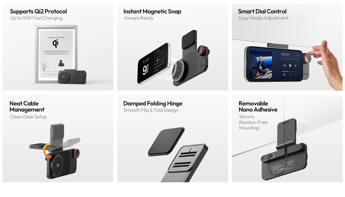 Ulanzi CW15 wireless charger feature collage showing Qi2 charging, magnetic snap mount, smart dial control and foldable design
