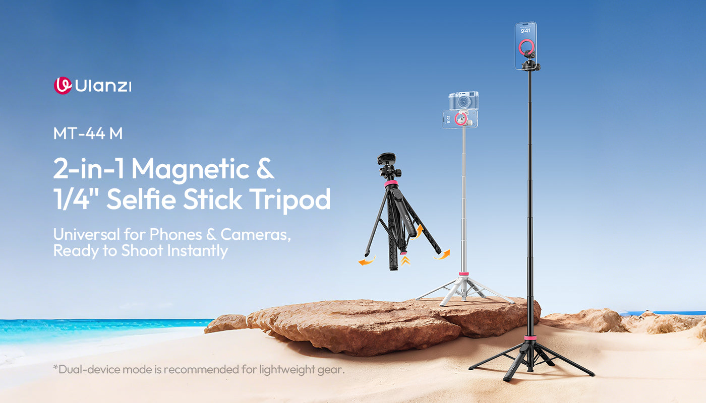 Ulanzi MT-44M selfie stick tripod with magnetic phone mount and camera mount displayed on a beach