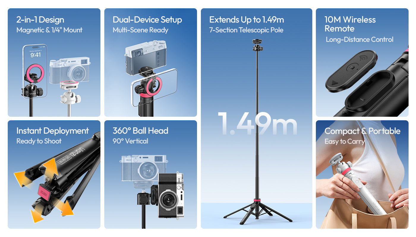 Ulanzi MT-44M selfie stick tripod with magnetic and 1/4 inch mount, telescopic pole, remote, and ball head