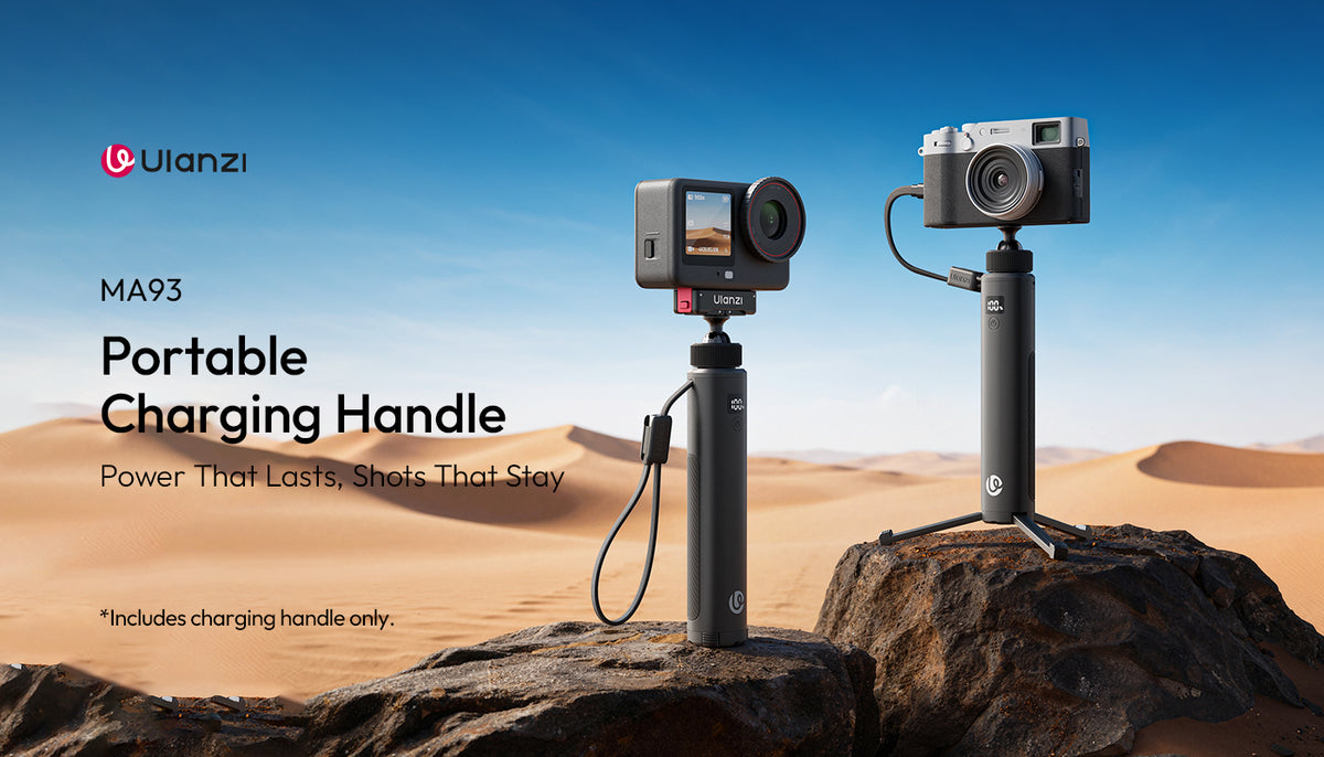 Ulanzi MA93 portable charging handle with action camera and compact camera on mini tripod stand
