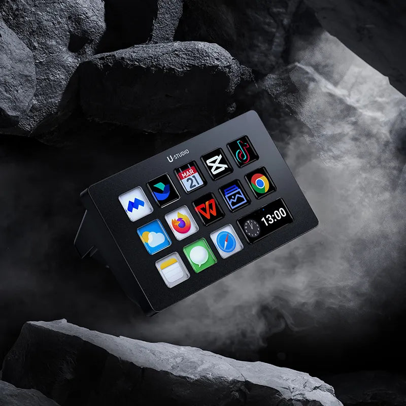 Ulanzi Stream Controller D200 displaying customizable macro keys and app icons.
