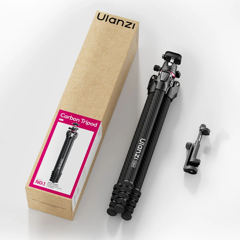 Ulanzi TZ01 carbon fiber tripod with packaging and phone mount accessory