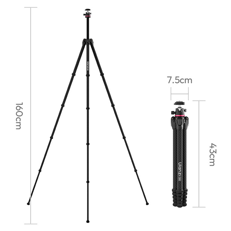 Ulanzi TZ01 carbon fiber tripod shown extended to 160 cm and folded to 43 cm for compact travel use