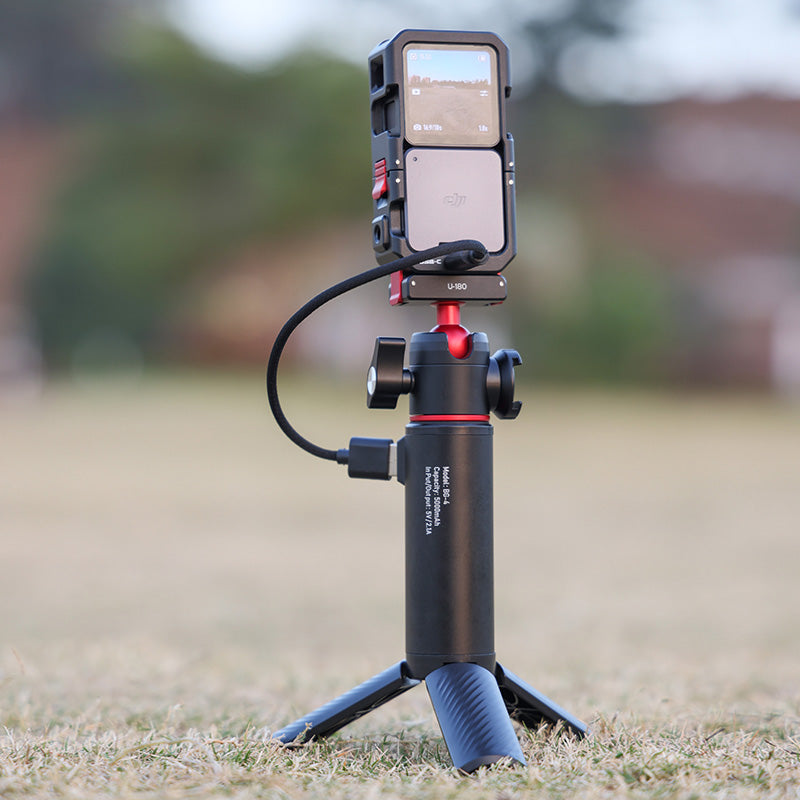 Ulanzi U-180 Magnetic Ball Head for DJI Action, tripod-mounted, for action camera stabilization.