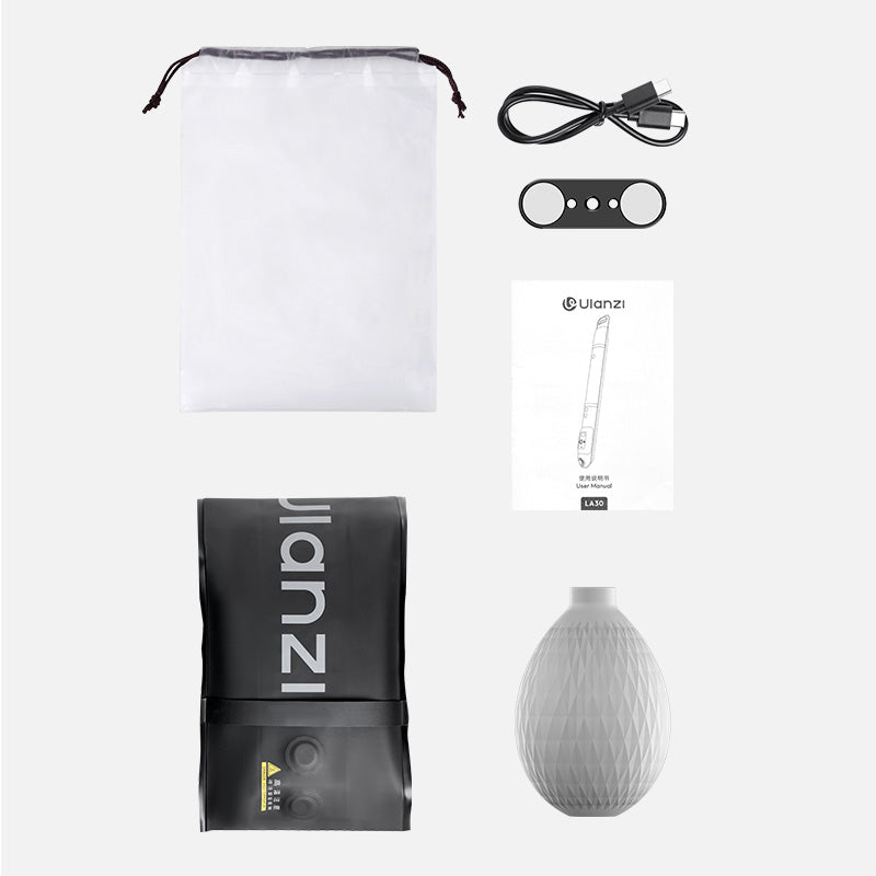 Ulanzi LA30 RGB air tube light accessories including carry bag, USB-C cable, strap, manual and inflatable diffuser
