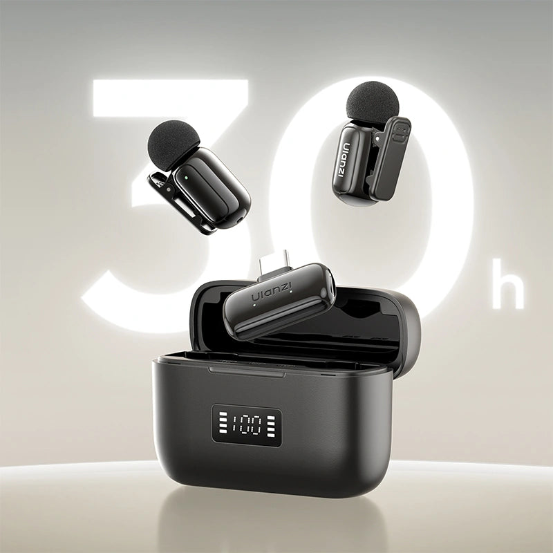 Ulanzi All-in-One Vlogging Kit with two black clip-on microphones and charging case displaying '100'.