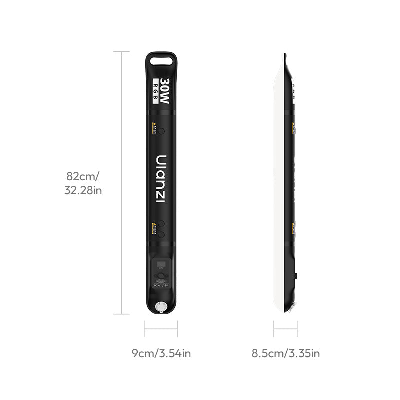 Ulanzi LA30 30W RGB air tube light shown front and side with dimensions 82 cm tall, 9 cm wide, 8.5 cm deep
