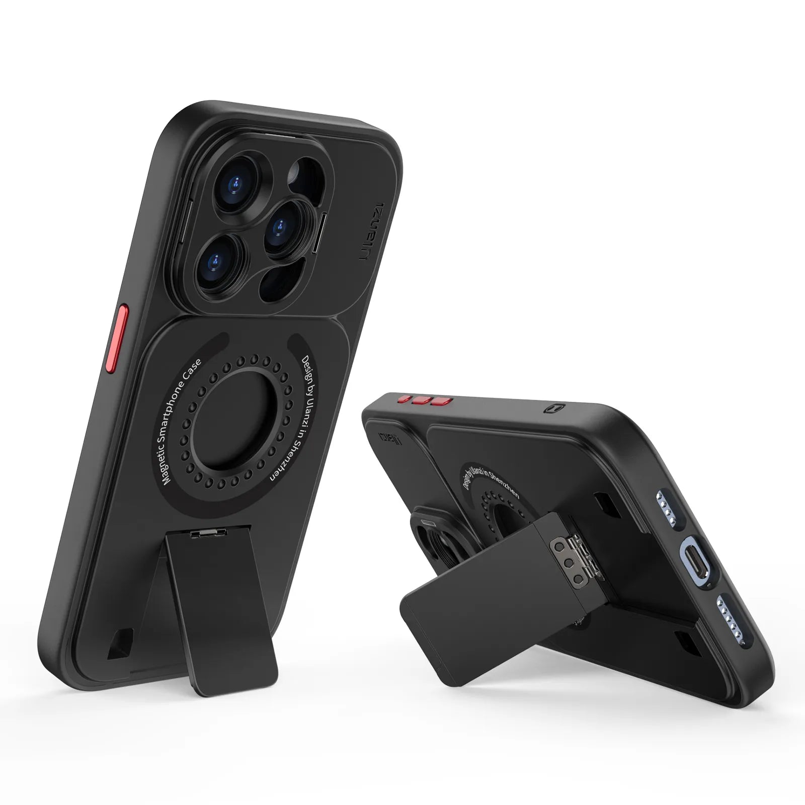 Back view of Ulanzi O-LOCK Phone Video Kit with lens openings and detachable kickstand.