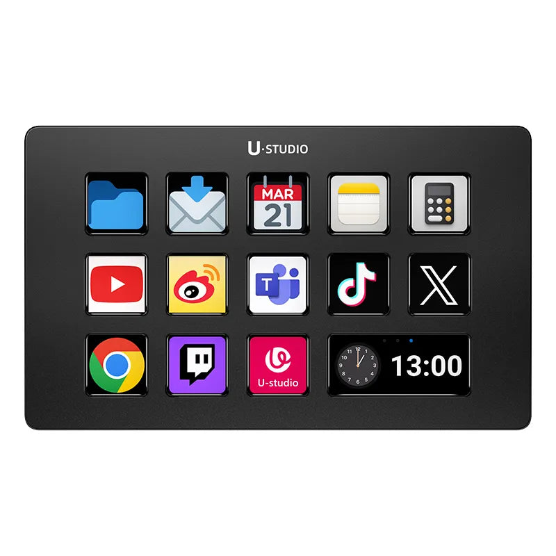 Ulanzi Stream Controller D200 with customizable macro keys and app icons.