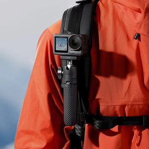 An action camera mounted on the Ulanzi MT66 tripod attached to a backpack strap, highlighting its hands-free carrying and shooting capability.