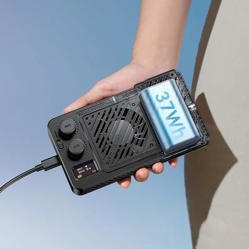 Compact Ulanzi video light with cooling system, adjustable brightness, and powerful 37Wh battery.