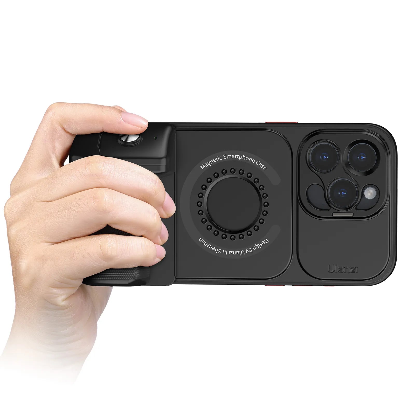 Ulanzi O-LOCK Phone Video Kit for iPhone 15 Pro/Pro Max held in hand with ergonomic grip.