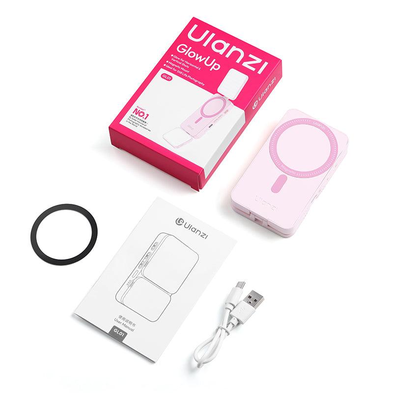 Trọn bộ phụ kiện đèn trợ sáng Ulanzi GL01 bao gồm vòng dán từ tính và cáp sạc Type C