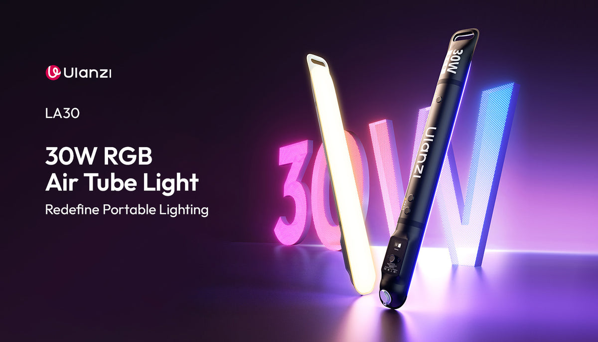 Ulanzi LA30 30W RGB air tube light with illuminated tube and control panel in a studio product shot