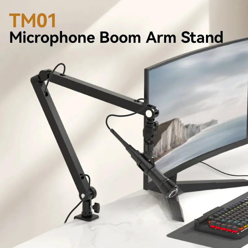 Ulanzi TM01 microphone boom arm attached to desk supporting a microphone.
