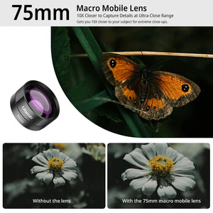 Ulanzi 75mm macro mobile lens for smartphones, close-up photography of butterfly and flower details.