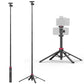 Ulanzi MT-44B 2-in-1 selfie stick quadpod with camera and phone mount, extended and collapsed views.
