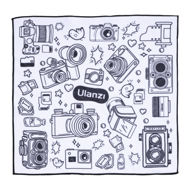 Black and white cartoon camera-themed Ulanzi 17.7-inch protective wrap for lens safety.