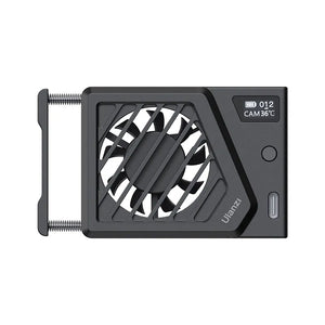 Ulanzi Camera Cooling Fan for Sony/Canon/FUJIFILM/Nikon. Dark gray, with fan and temp display.
