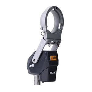 Side view of the FALCAM MOVE remote-controlled lighting system, featuring a robust clamp mechanism with a safety warning label to prevent hand injuries during operation.