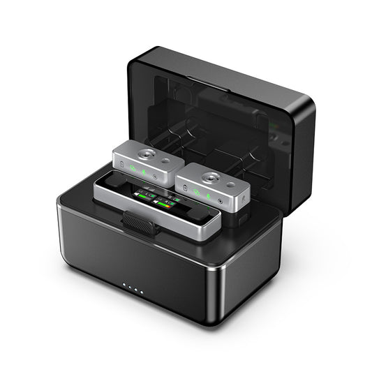 Ulanzi U-Mic AM18 Wireless Lavalier Microphone System, with charging case, microphones and receiver.