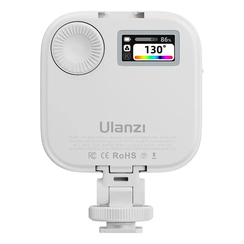 Ulanzi U60 RGB video light with LCD display and control knob on back.