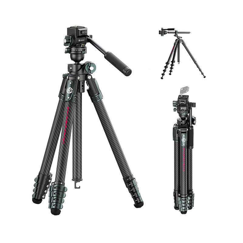 Ulanzi JJ06 Glidego travel tripod fully extended, showcasing its carbon fiber legs and adjustable clamps.