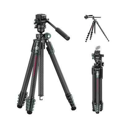 Ulanzi JJ06 Glidego travel tripod fully extended, showcasing its carbon fiber legs and adjustable clamps.