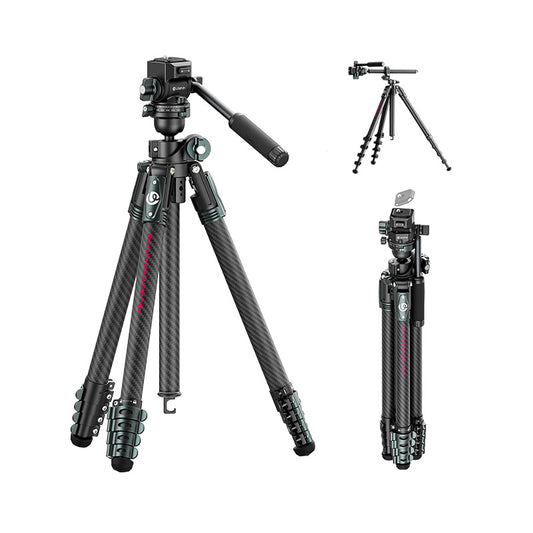 Ulanzi JJ06 Glidego travel tripod fully extended, showcasing its carbon fiber legs and adjustable clamps.