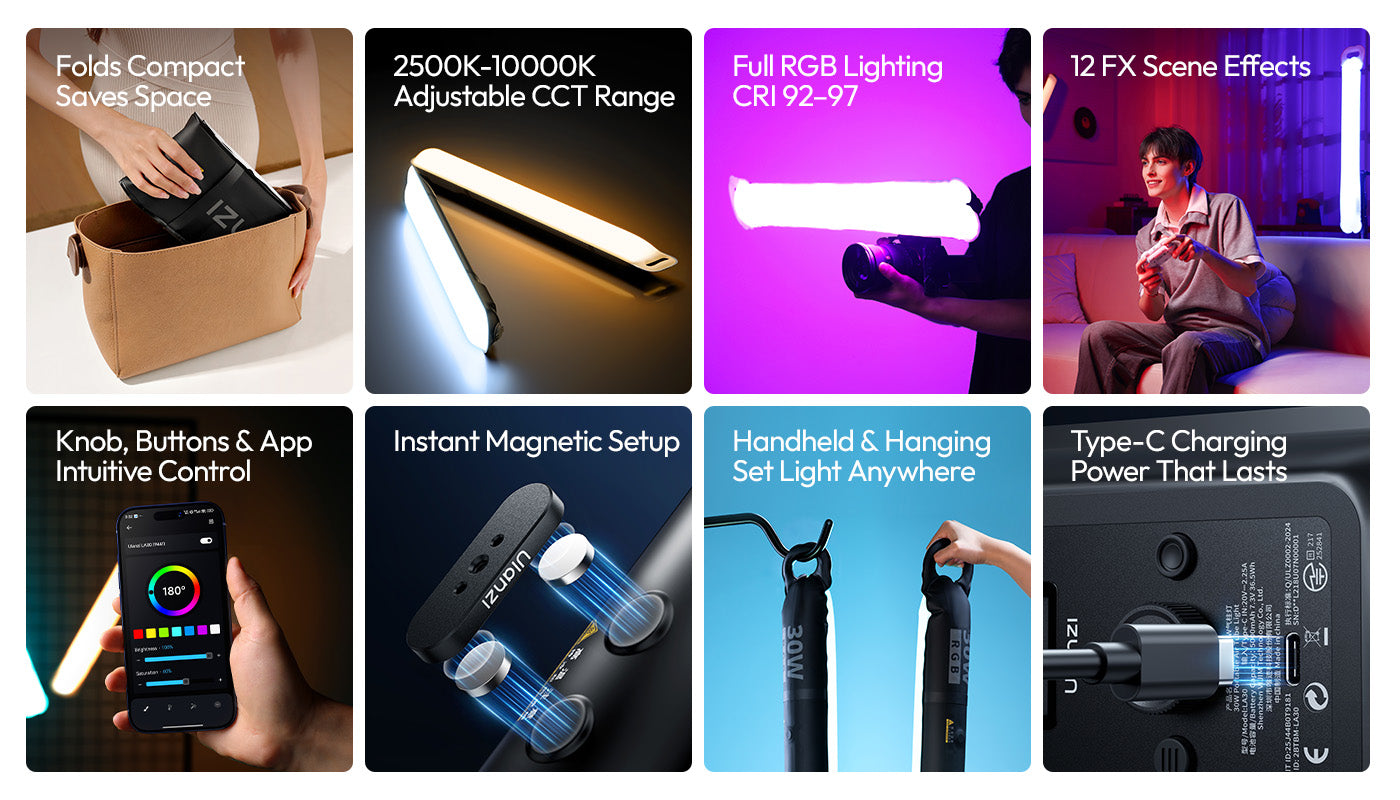 Ulanzi LA30 RGB air tube light shown folded, handheld, mounted, and app controlled