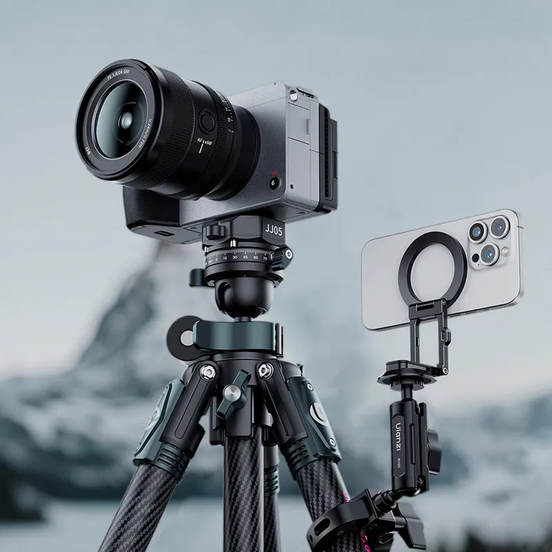 A smartphone mounted on the Ulanzi MA50 phone holder, showing a rock climbing scene.