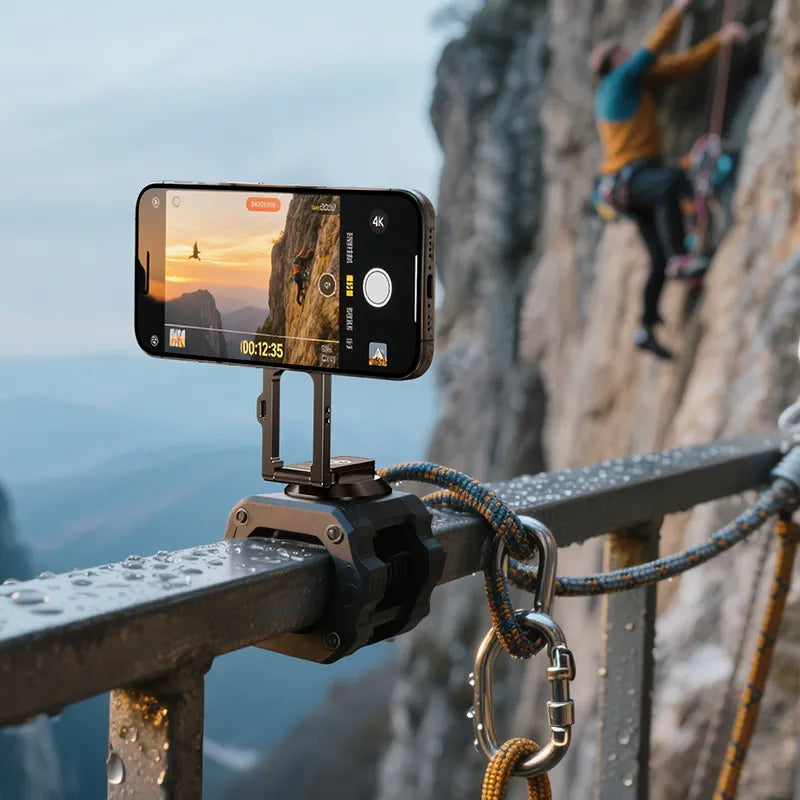 A smartphone mounted on the Ulanzi MA50 phone holder, showing a sunset landscape scene.