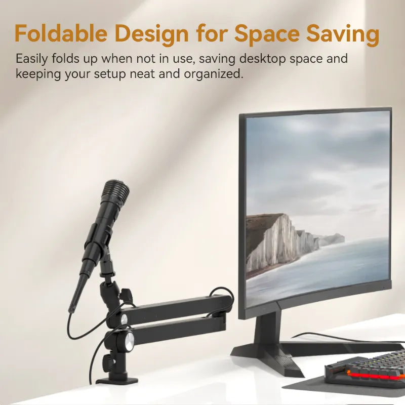 Ulanzi TM01 microphone boom arm, foldable design saving desktop space and keeping organized.