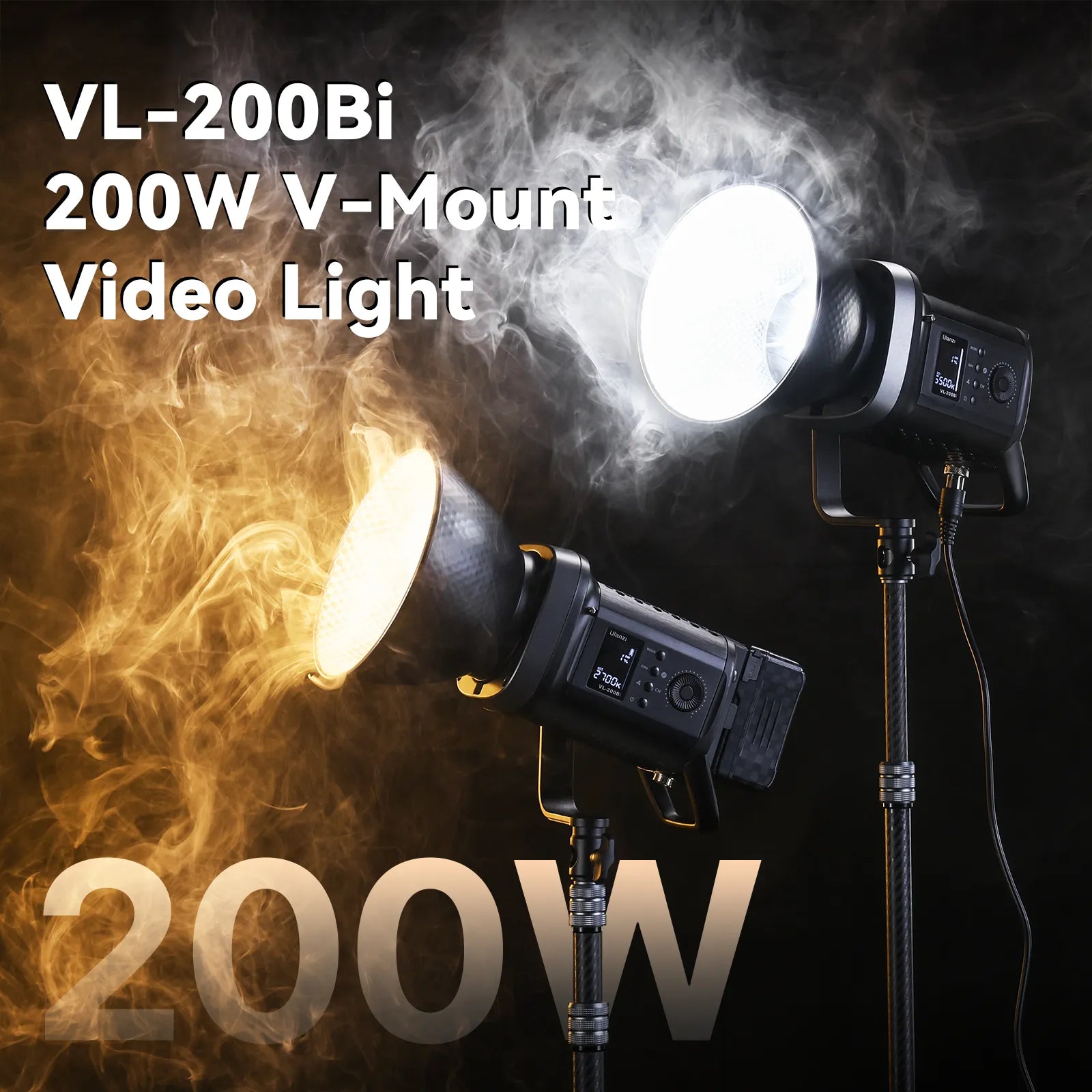Ulanzi VL-200Bi 200W V-Mount video lights in warm and cool tones with smoke effect