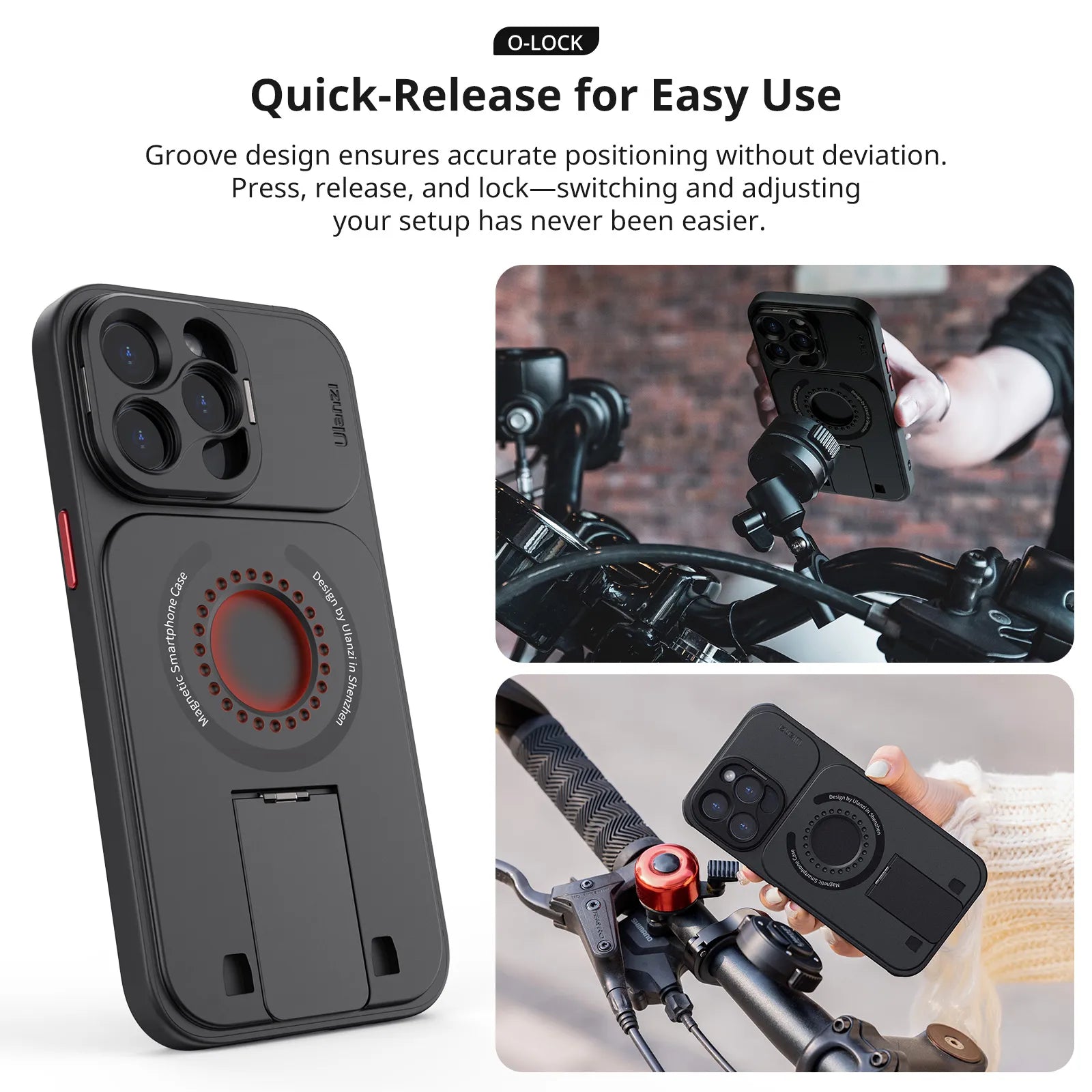 Ulanzi O-LOCK Phone Video Kit mounted on bike, showcasing quick-release feature.