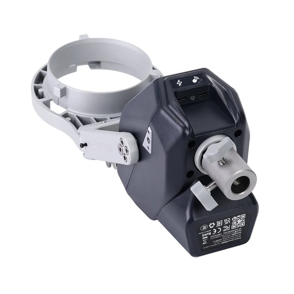 Rear view of the FALCAM MOVE remote-controlled lighting system, highlighting its sturdy mount, dual USB-C ports, and precision adjustment knobs.