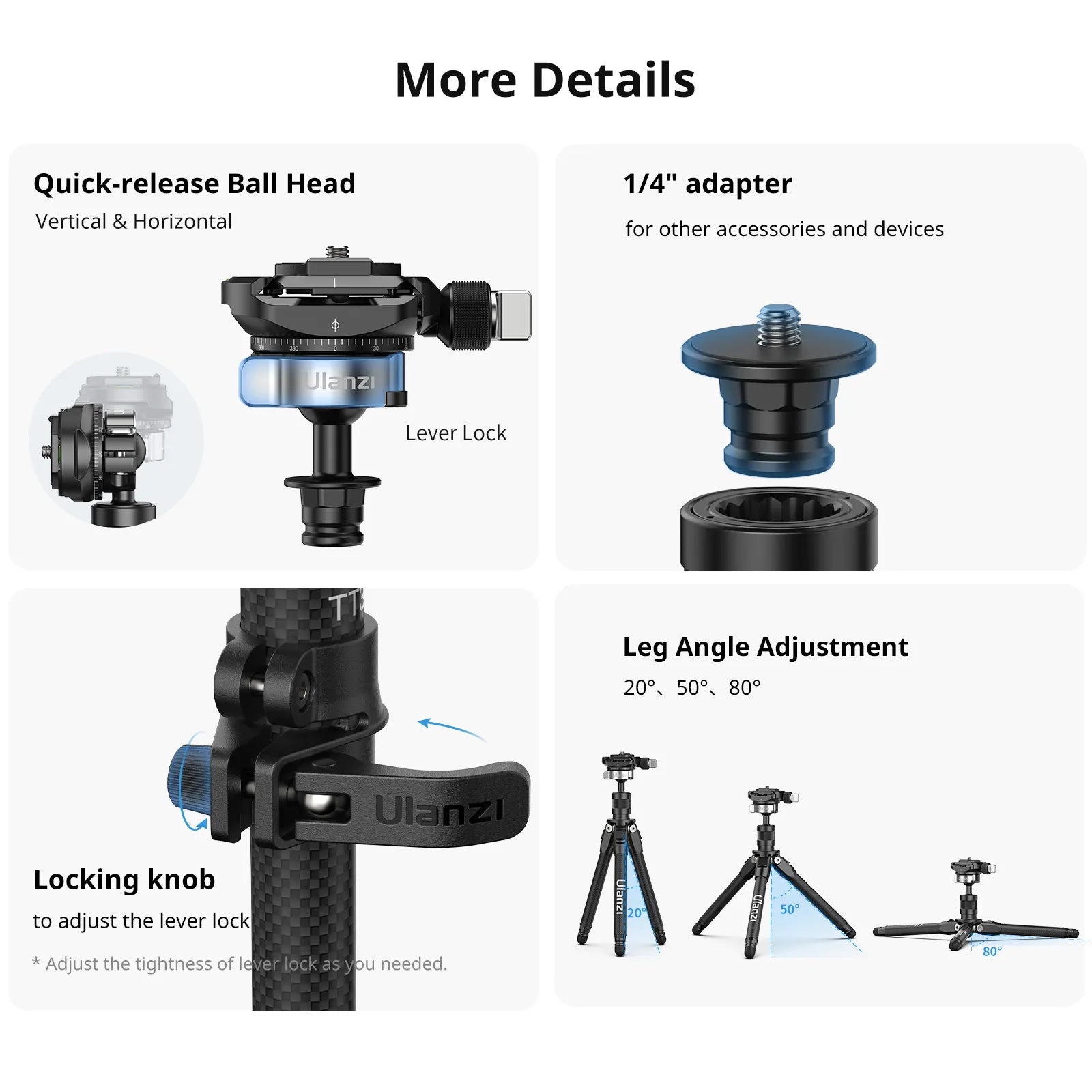 Ulanzi TT35 Hiking Stick Tripod Kit features, including ball head and leg adjustments.
