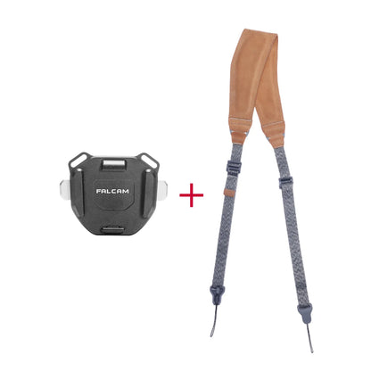 Ulanzi Falcam F38 shoulder strap kit, black aluminum plate, and brown leather strap, FALCAM logo.