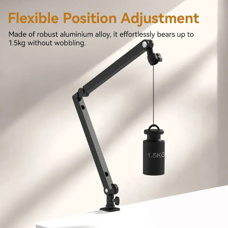 Ulanzi TM01 microphone boom arm demonstrating flexible position with 1.5kg weight.