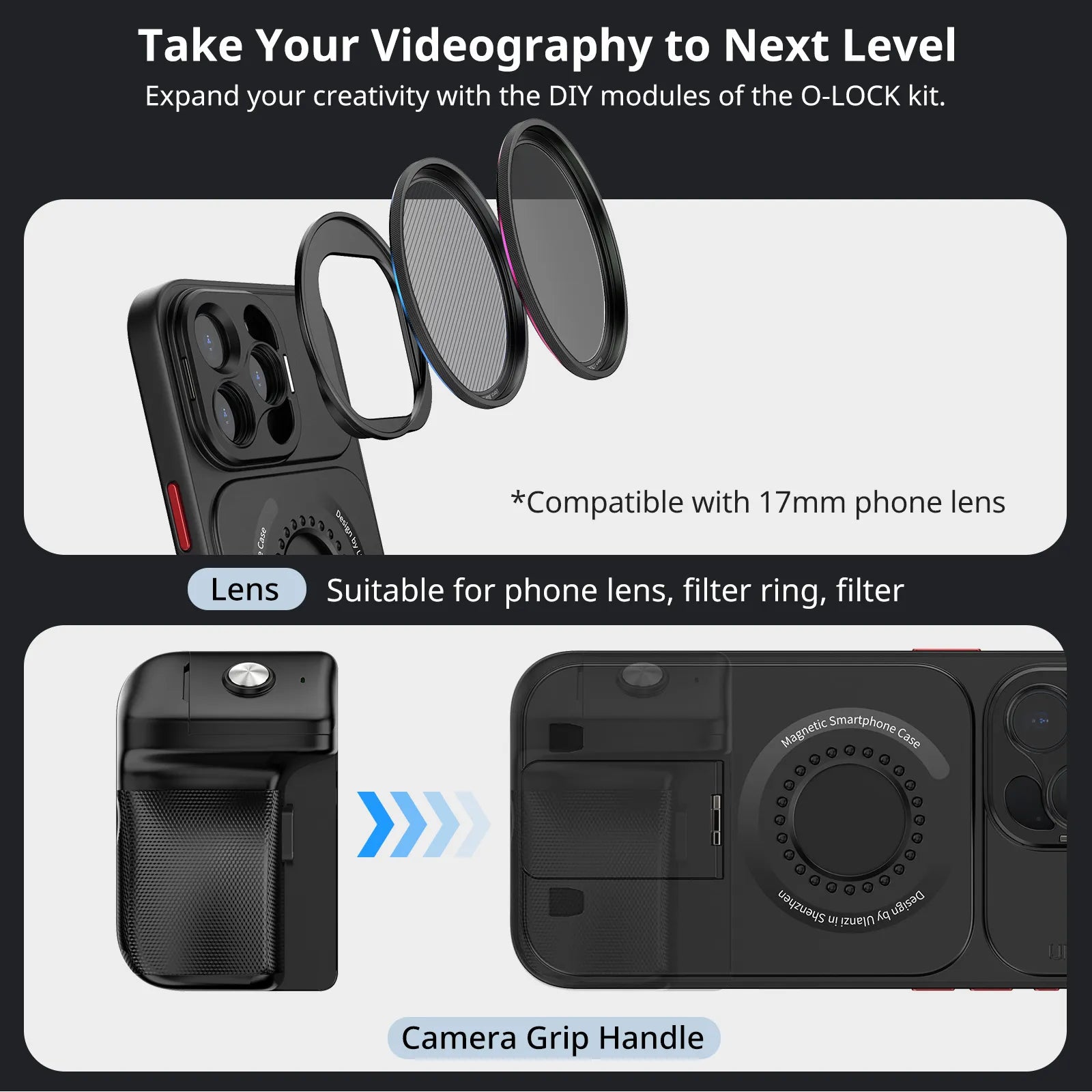 Ulanzi O-LOCK Phone Video Kit with lens attachments and camera grip handle for iPhone 15 Pro Max.
