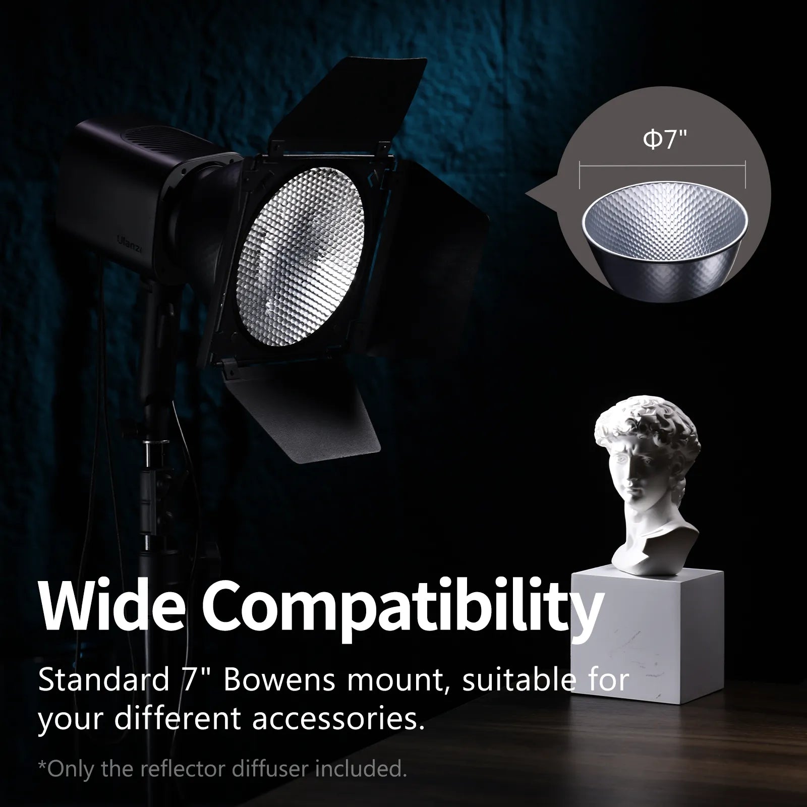 7" Bowens mount reflector diffuser compatible with various lighting accessories.
