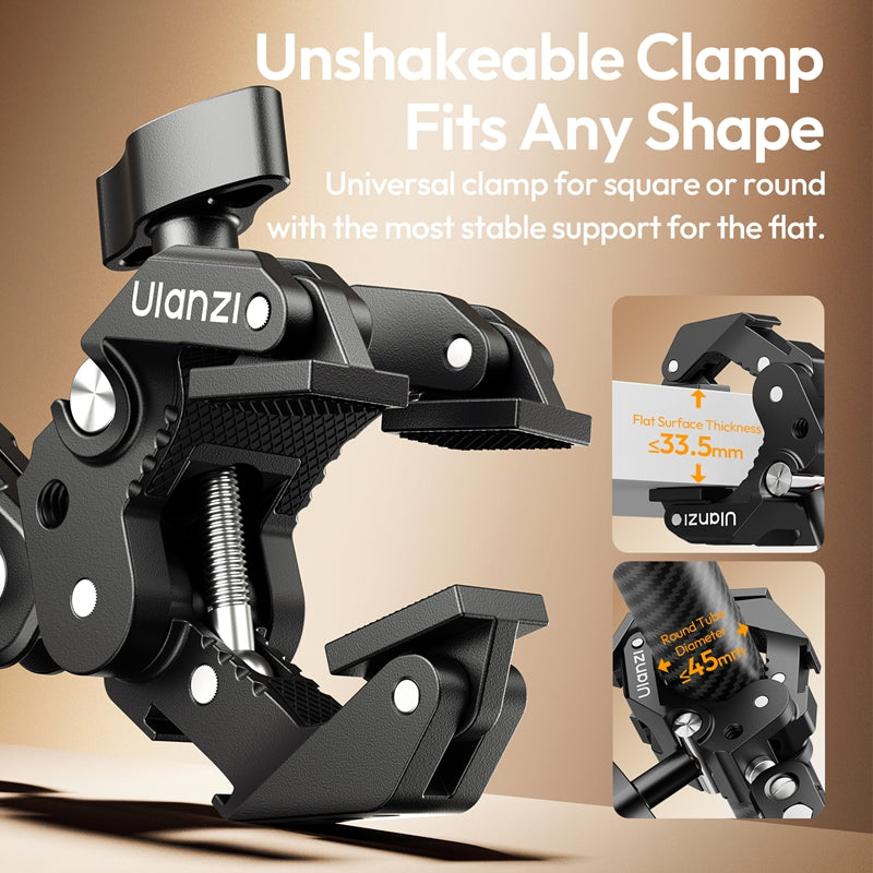Ulanzi CO78 Super Clamp with adjustable jaws, fits flat surfaces <= 33.5mm and round tubes <= 45mm.