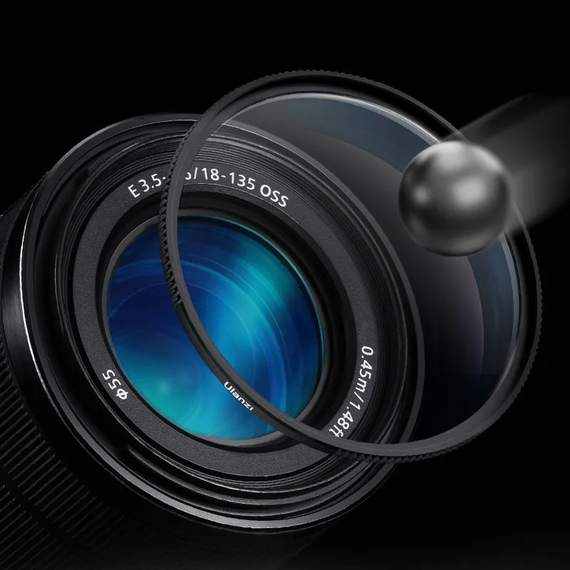 Ulanzi UV01 Protective UV Filter over camera lens with vibrant blue glass