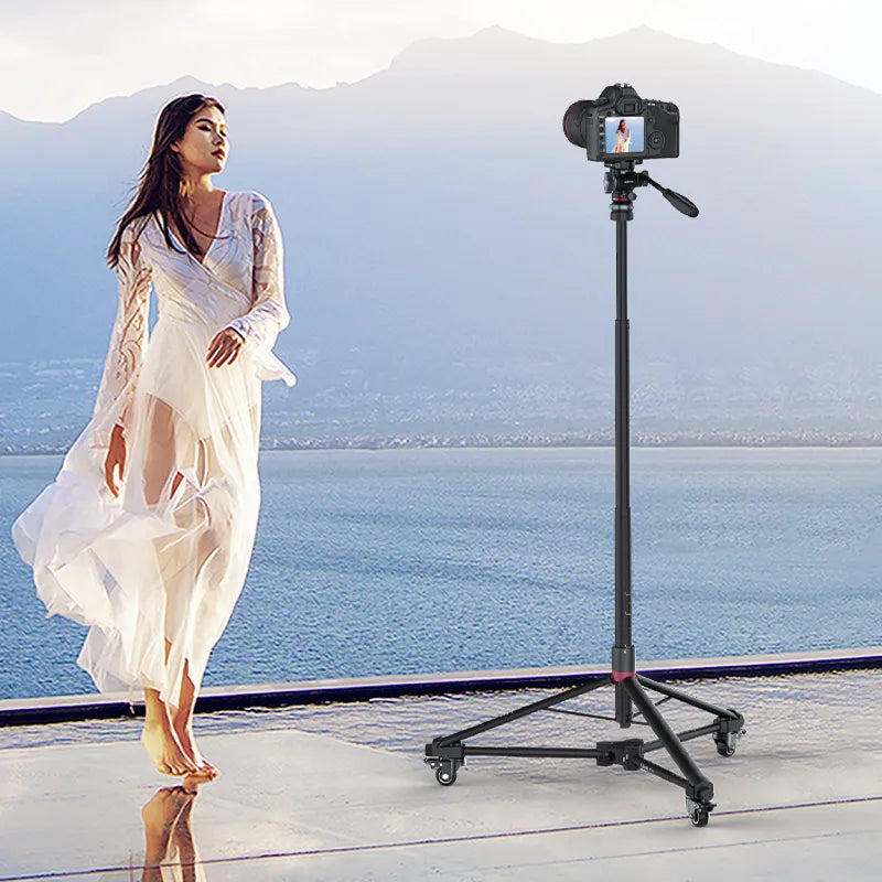 Ulanzi AT-03 tripod with camera, model posing in flowing dress outdoors