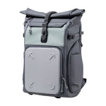 Ulanzi BP04 Hard Shell Camera Backpack, gray and green, for photographers with a roll-top design.