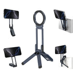 A collage showcasing the Ulanzi MagLock Phone Stand's versatility as a tripod, monitor mount, and desk stand.