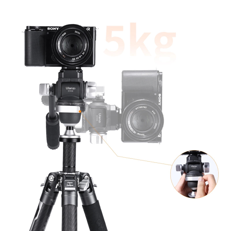 Ulanzi EH09 tripod ball head with Sony camera, 5kg weight capacity shown.