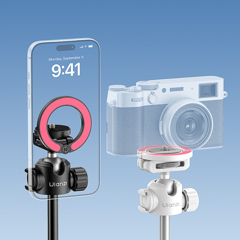 Ulanzi magnetic phone mount and 1/4 inch adapter with ball head on selfie stick tripod