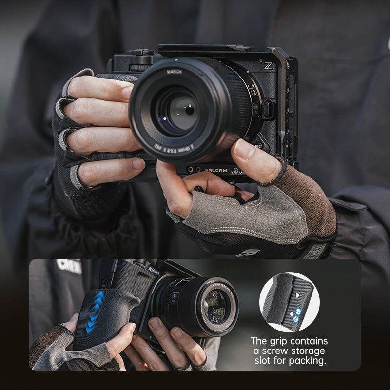 FALCAM F22/F38 quick release camera cage with screw storage grip for Nikon cameras.